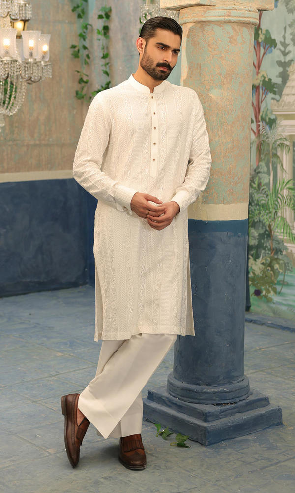 White Embroidered Cotton-Silk Kurta Set (2-Piece) - Image 4