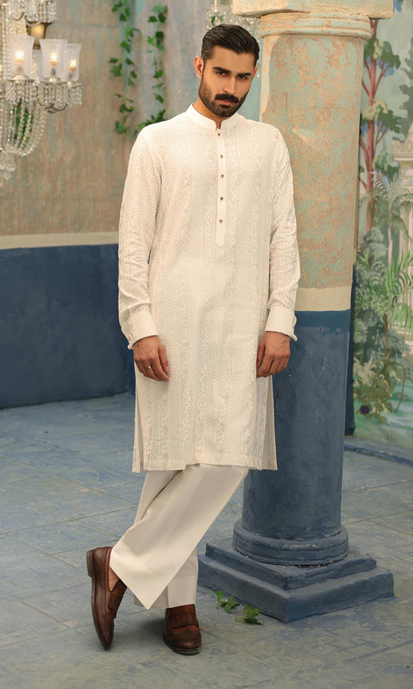 White Embroidered Cotton-Silk Kurta Set (2-Piece) - Image 5