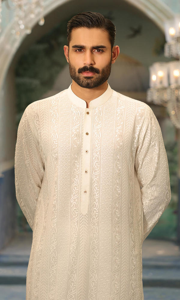 White Embroidered Cotton-Silk Kurta Set (2-Piece) - Image 6