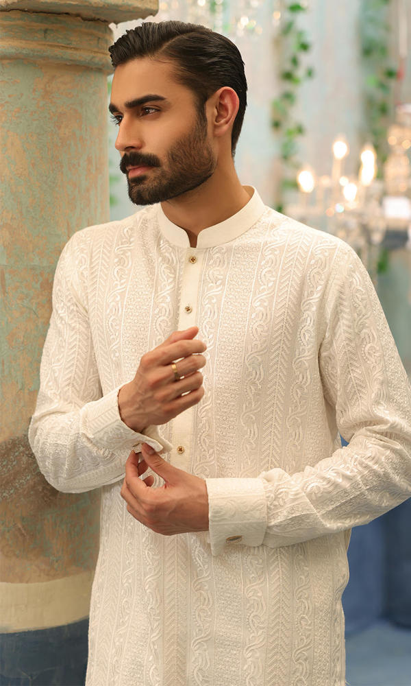 White Embroidered Cotton-Silk Kurta Set (2-Piece) - Image 7