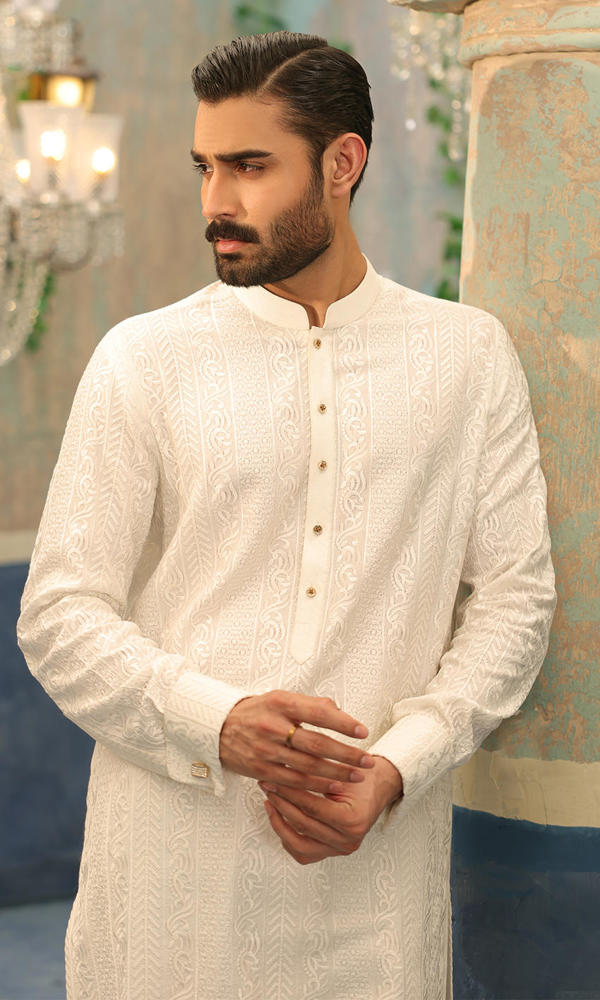 White Embroidered Cotton-Silk Kurta Set (2-Piece) - Image 8