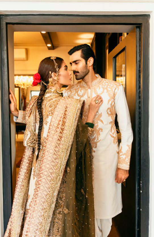 White Pale Gold Hand-Embroidered Cotton-Silk Kurta Shalwar (2-Piece) - Image 4