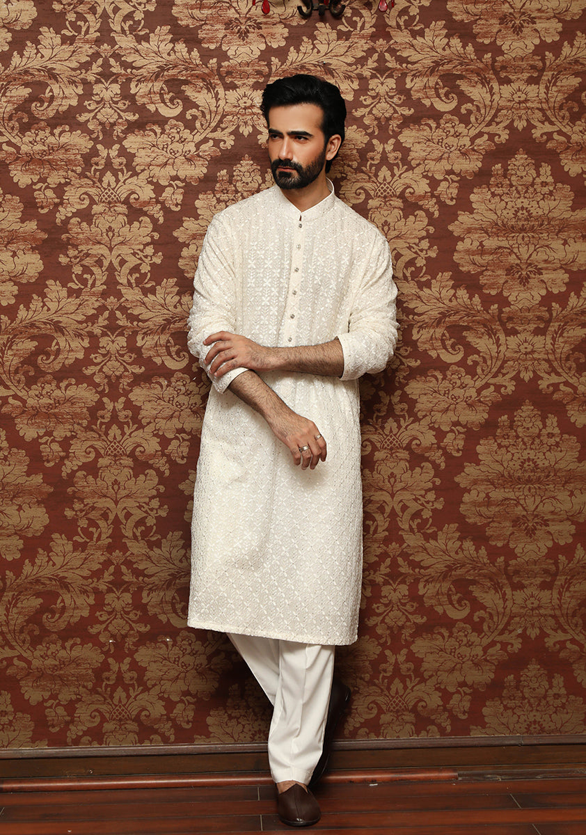 White Self-Embroidered Cotton-Silk Kurta Pajama (2-Piece) - Image 1