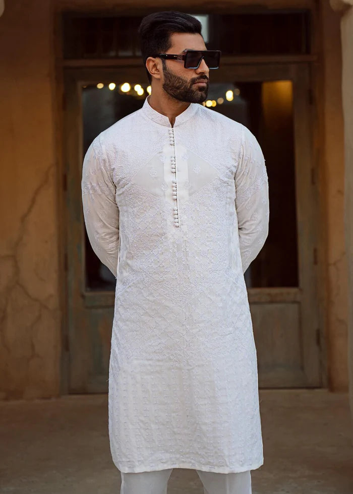 White Embroidered Cotton Silk Kurta Set (2-Piece) - Image 1