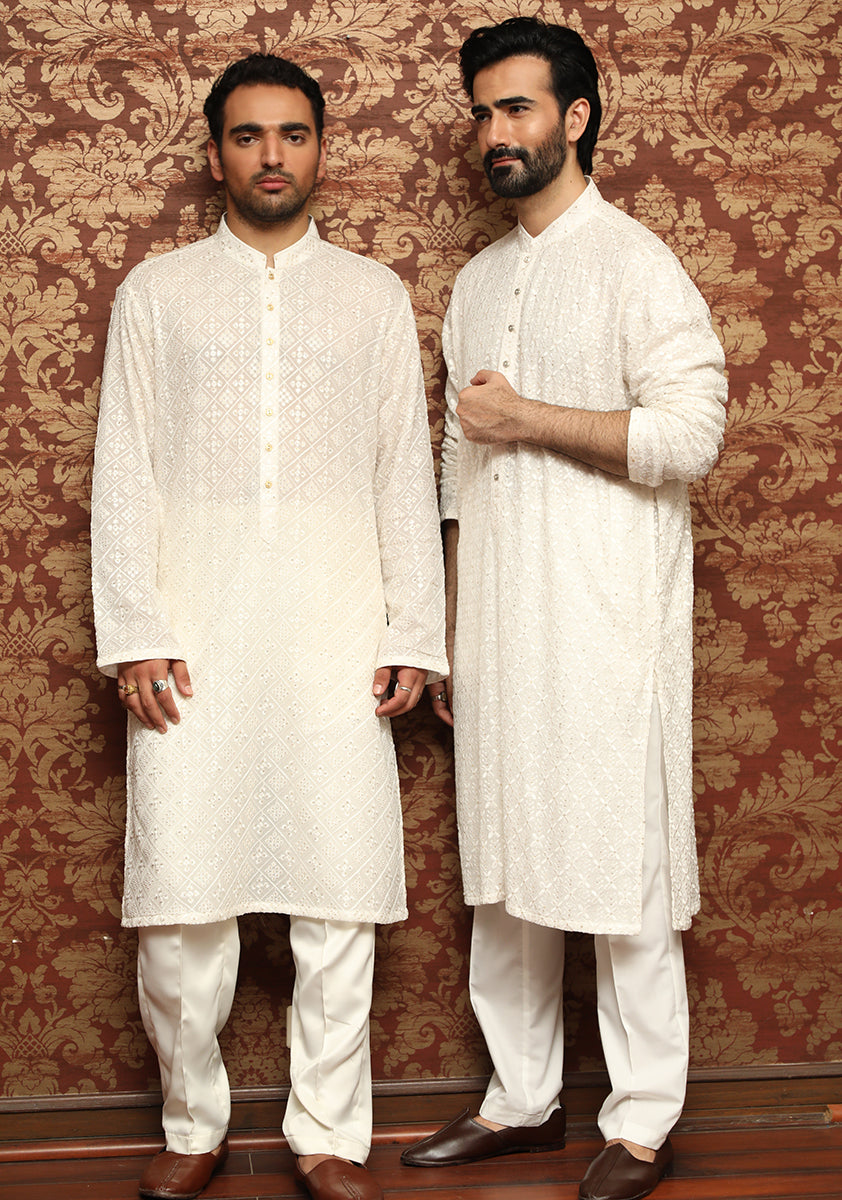 Silver White Embroidered Cotton-Silk Kurta Pajama (2-Piece) - Image 1
