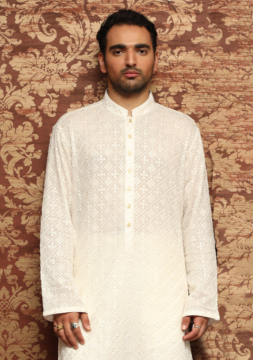 Silver White Embroidered Cotton-Silk Kurta Pajama (2-Piece) - Image 2