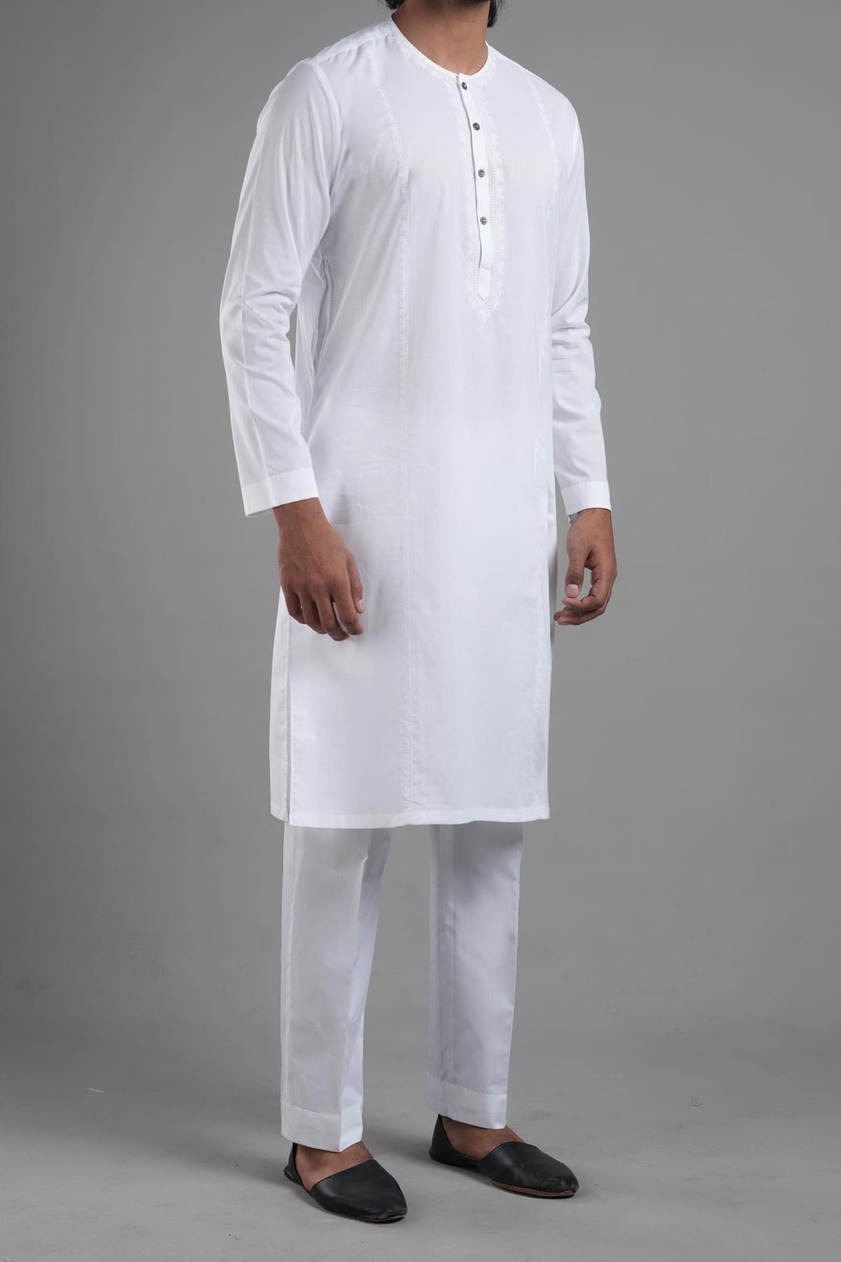 White Embroidered Egyptian Cotton Kurta (2-Piece) - Image 3