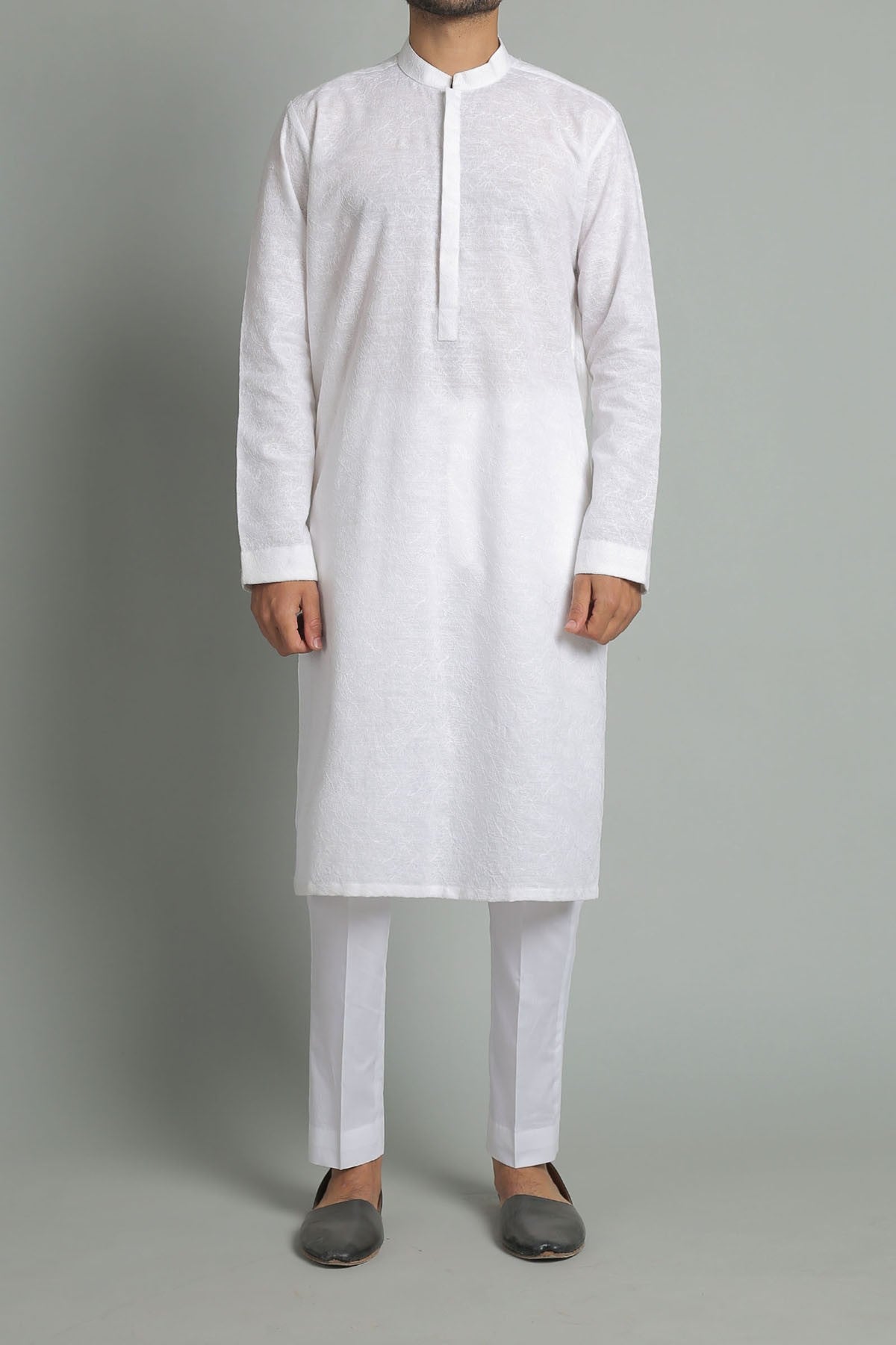White Embroidered Egyptian Cotton Kurta (2-Piece) - Image 1