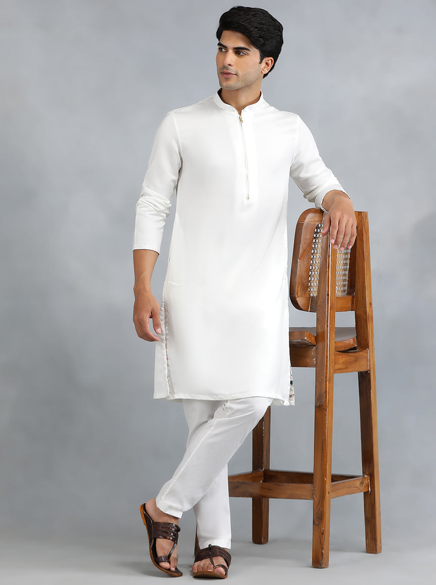 White Cotton Blend Kurta Pajama (2-Piece) - Image 1