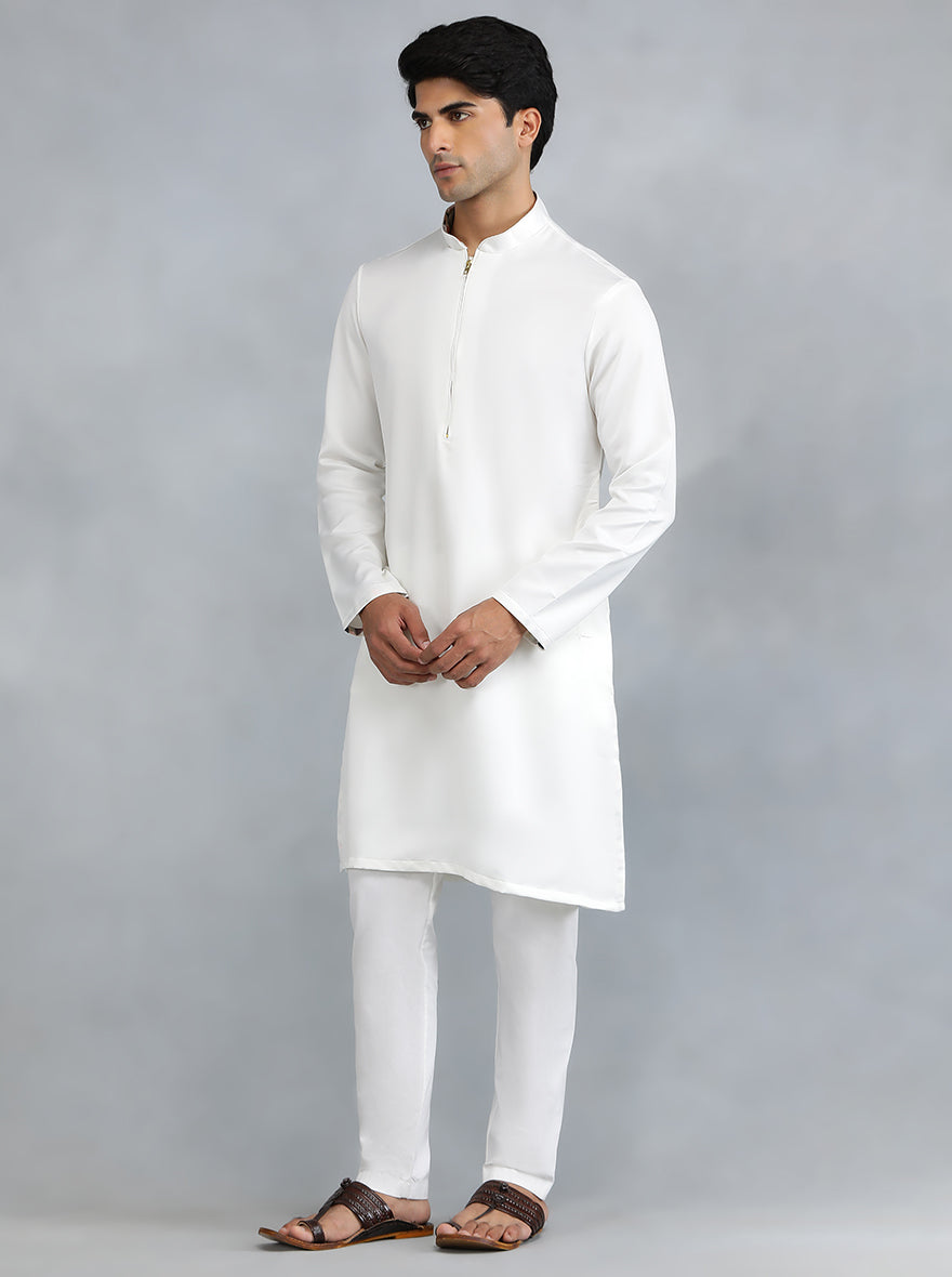 White Cotton Blend Kurta Pajama (2-Piece) - Image 5