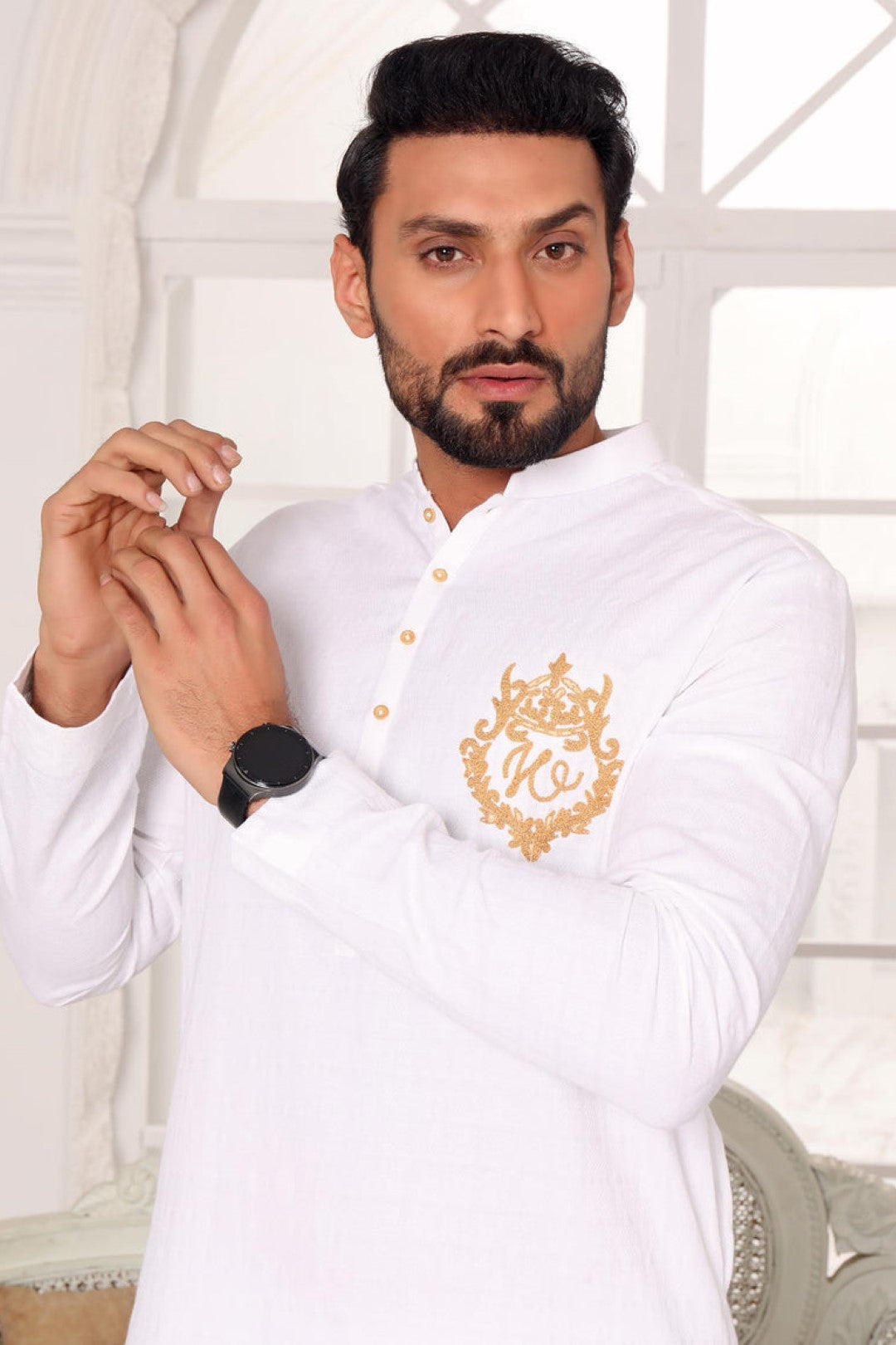 White Embroidered Cotton Jacquard Kurta (2-Piece) - Image 3