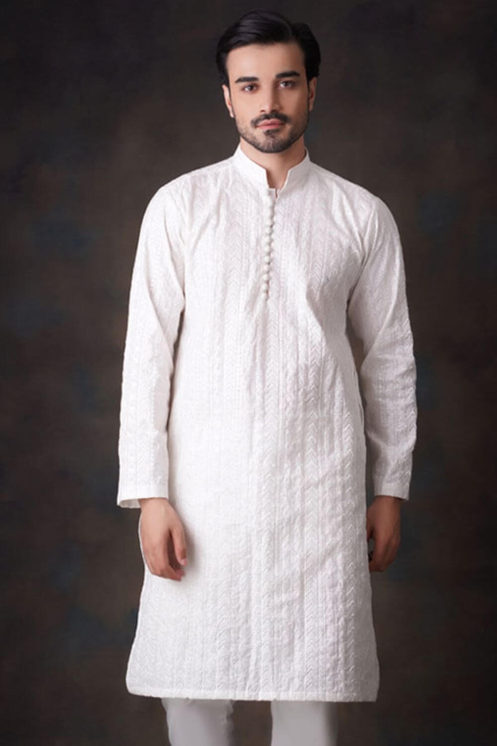 Pearl White Embroidered Cotton Kurta Pajama (2-Piece) - Image 1