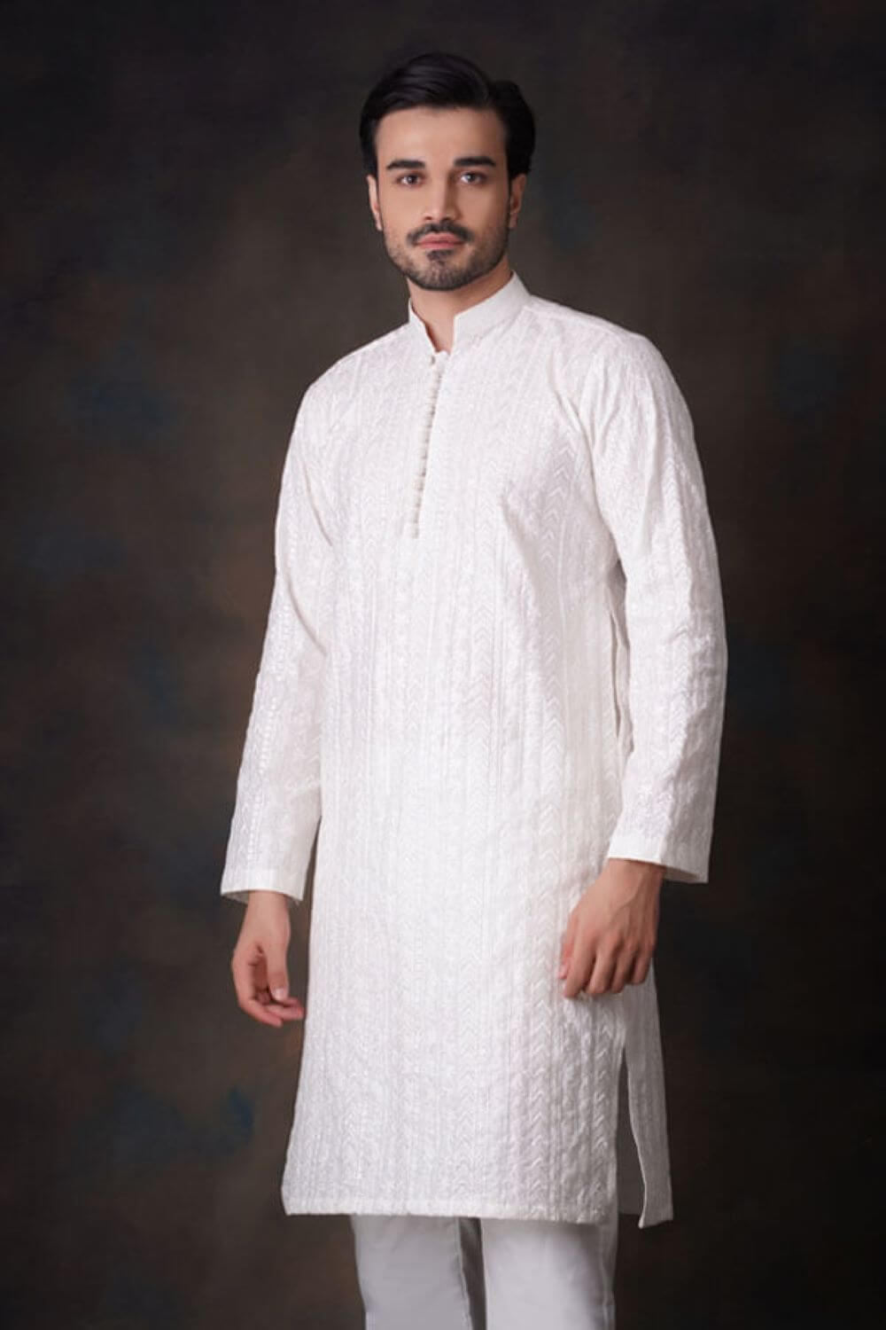 Pearl White Embroidered Cotton Kurta Pajama (2-Piece) - Image 4