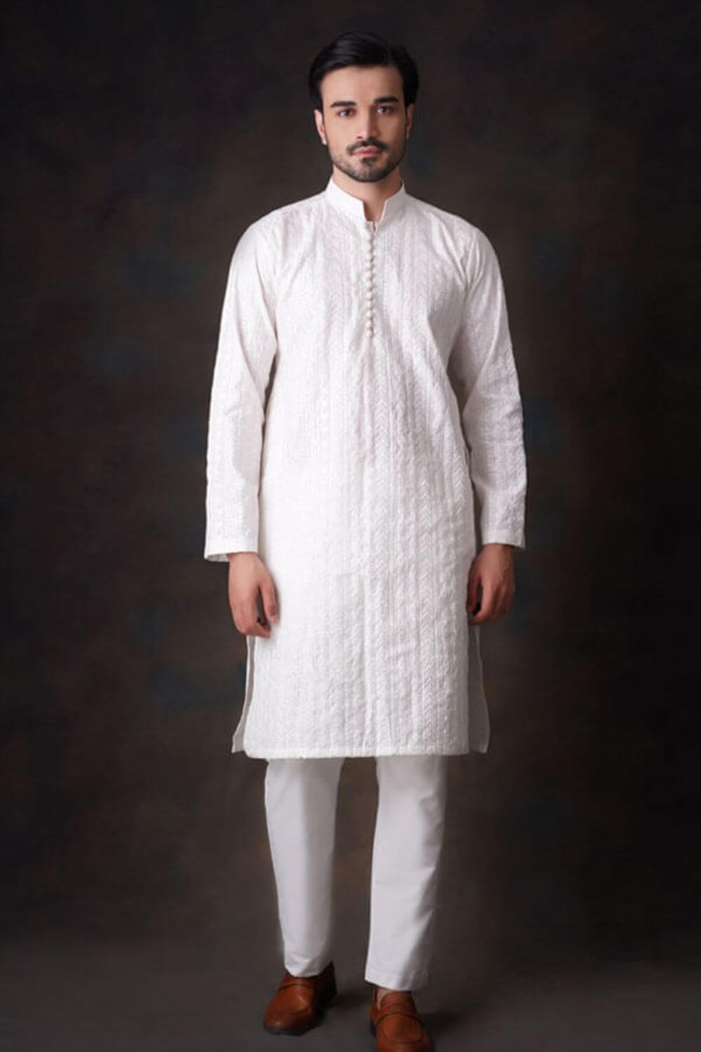 Pearl White Embroidered Cotton Kurta Pajama (2-Piece) - Image 5