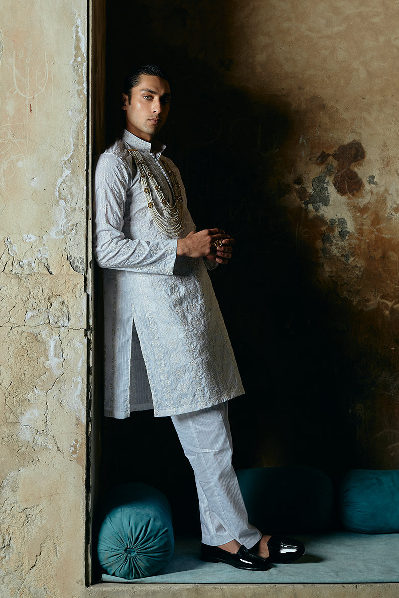 Chalk White Embroidered Cotton Satin Kurta Pajama (3-Piece) - Image 6