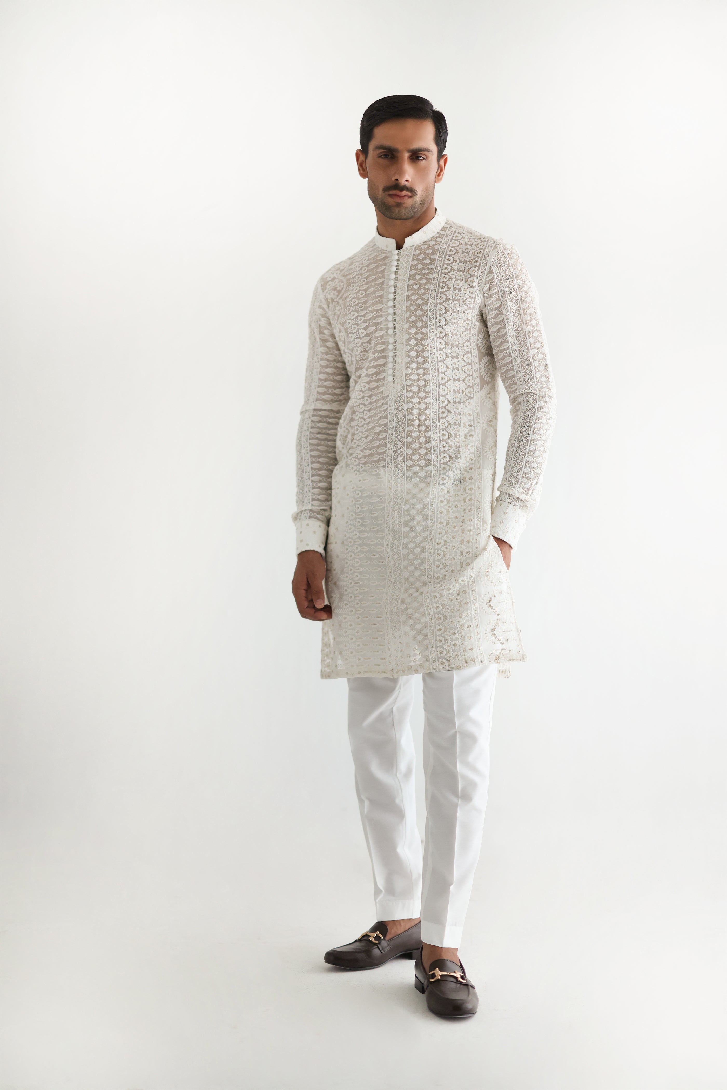 White Hand-Embroidered Cotton-Silk Kurta Pajama (3-Piece) - Image 8