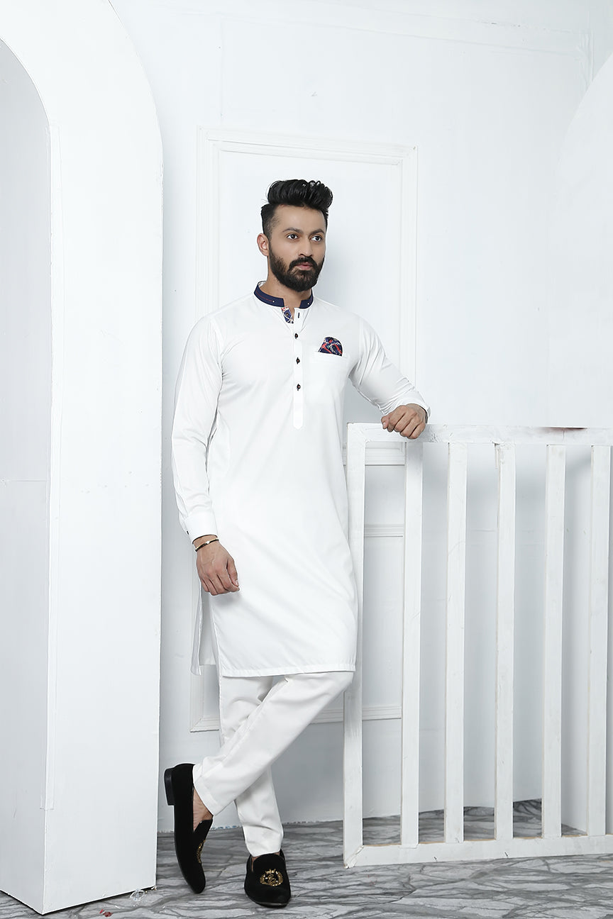 White Embellished Cotton Silk Kurta Pajama (2-Piece) - Image 1