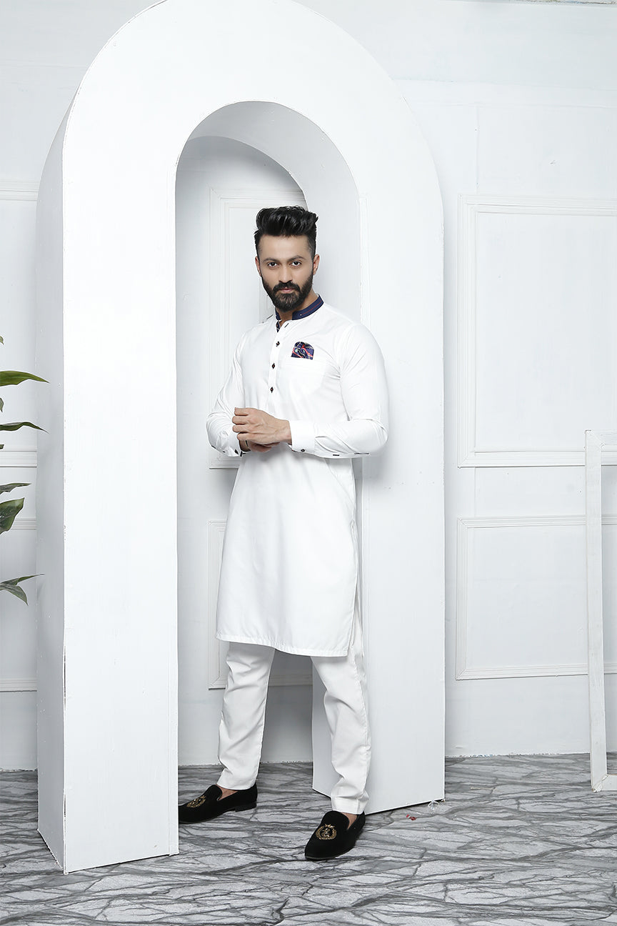 White Embellished Cotton Silk Kurta Pajama (2-Piece) - Image 3