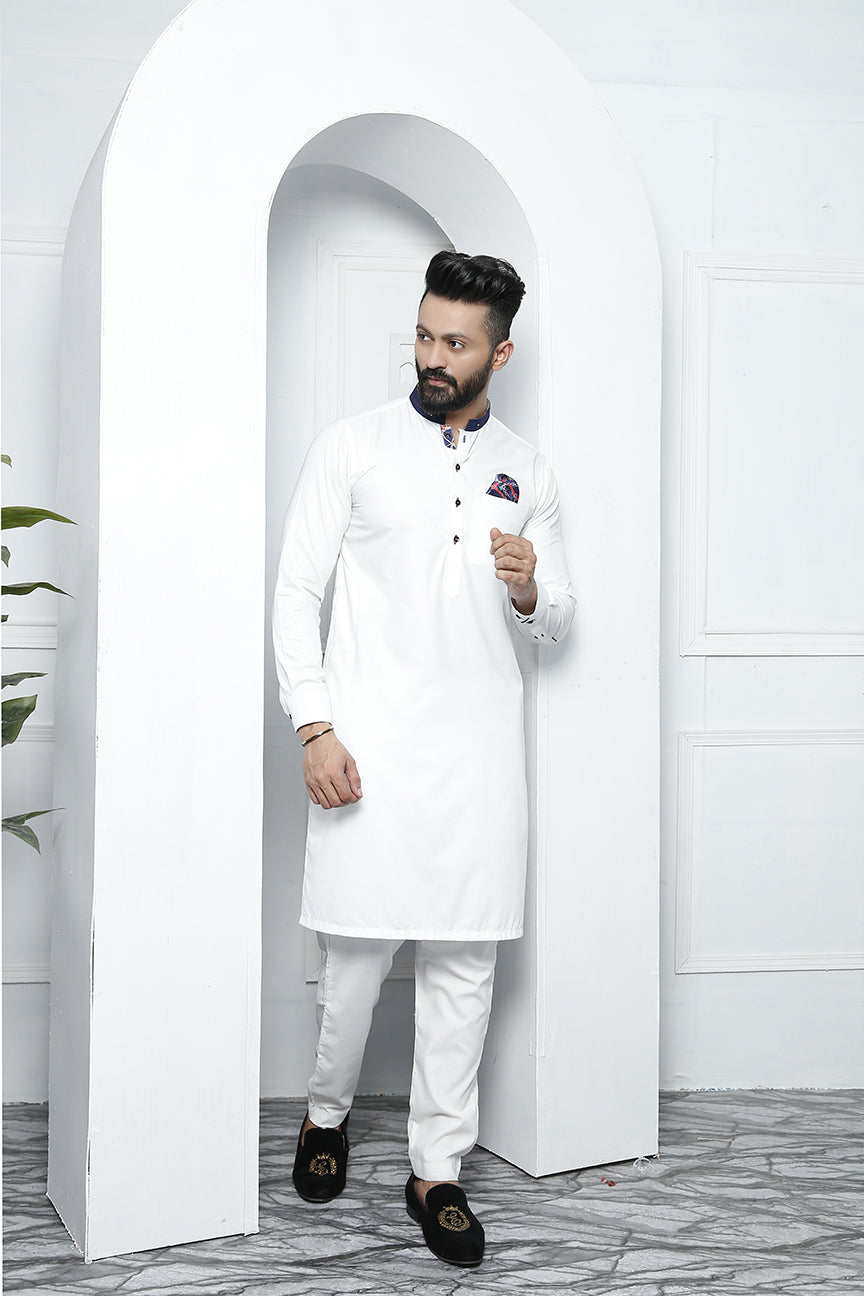 White Embellished Cotton Silk Kurta Pajama (2-Piece) - Image 4