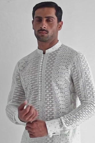 White Hand-Embroidered Cotton-Silk Kurta Pajama (3-Piece) - Image 1