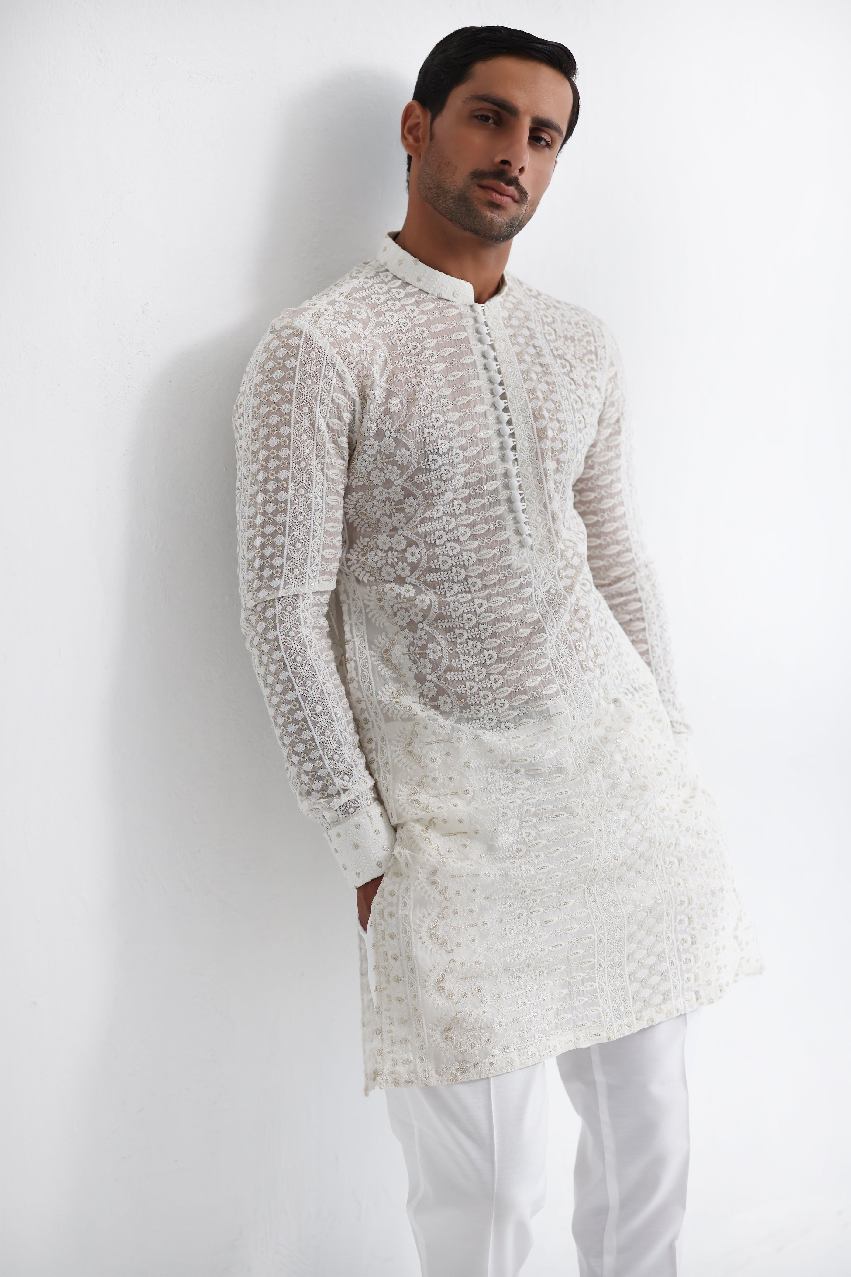 White Hand-Embroidered Cotton-Silk Kurta Pajama (3-Piece) - Image 6