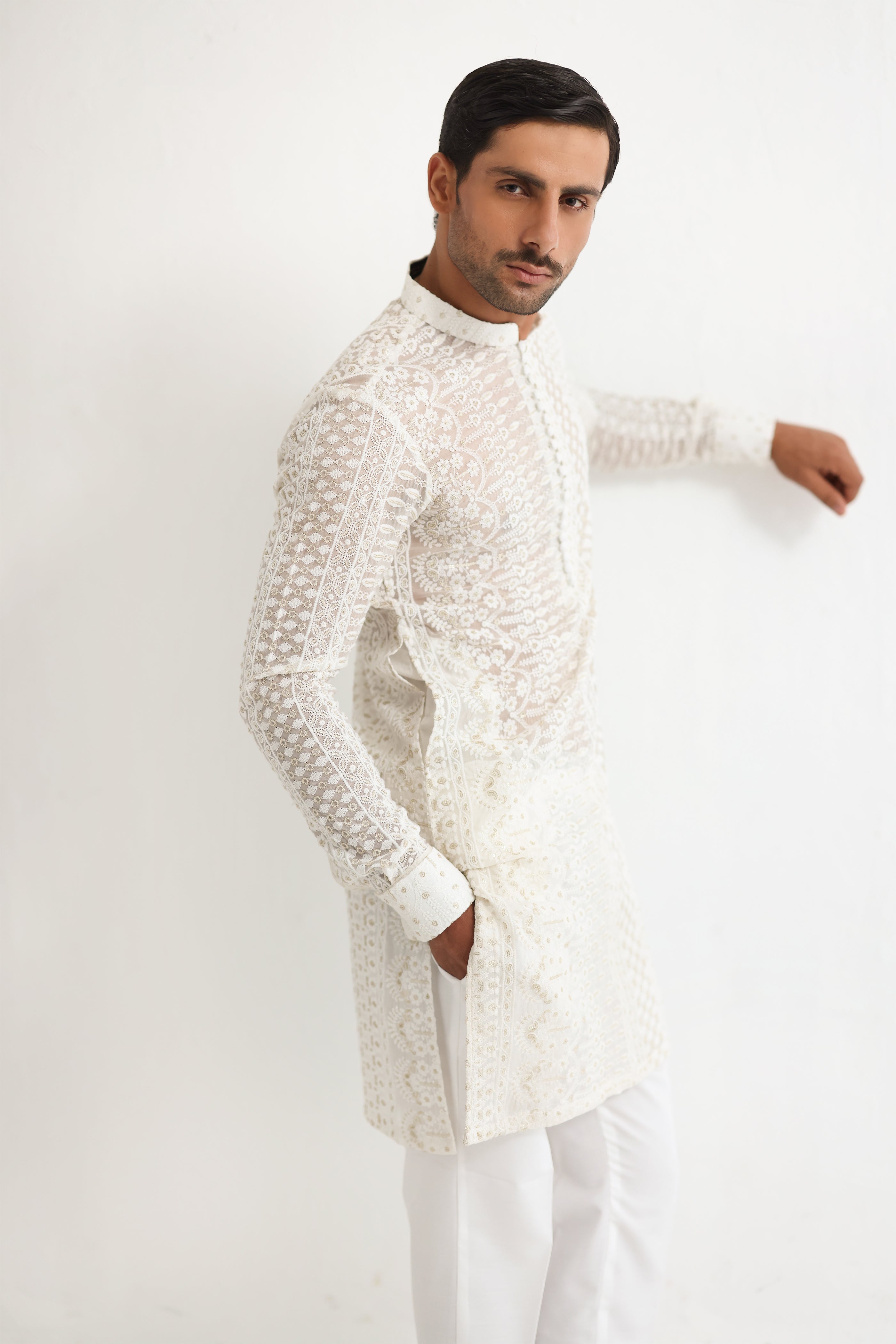 White Hand-Embroidered Cotton-Silk Kurta Pajama (3-Piece) - Image 7