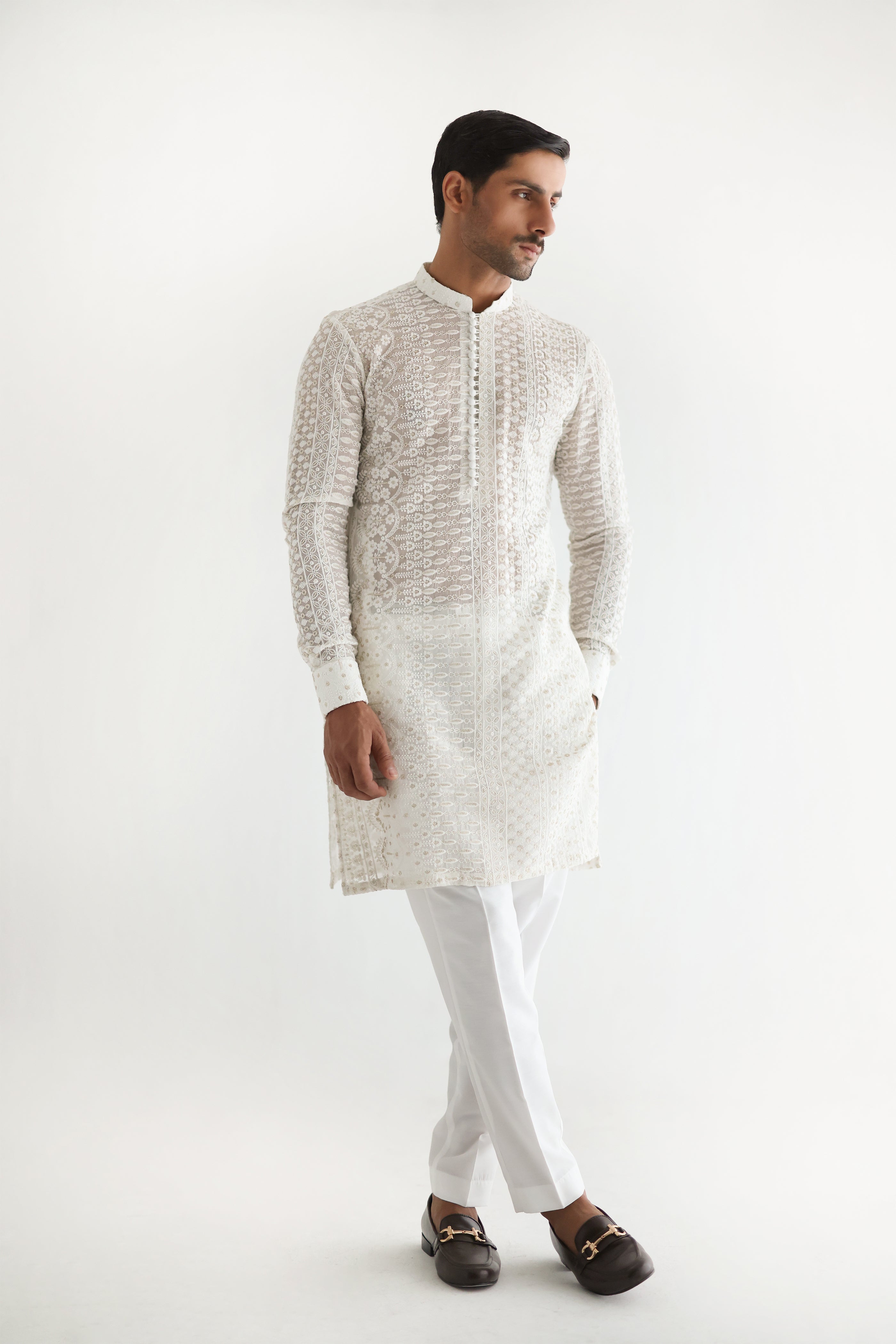 White Hand-Embroidered Cotton-Silk Kurta Pajama (3-Piece) - Image 9
