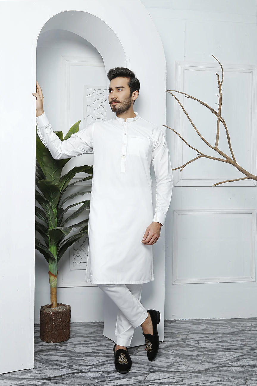 White Embellished Cotton Silk Kurta Pajama (2-Piece) - Image 1