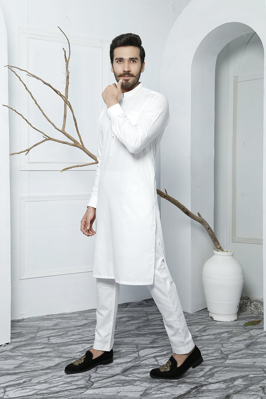 White Embellished Cotton Silk Kurta Pajama (2-Piece) - Image 3