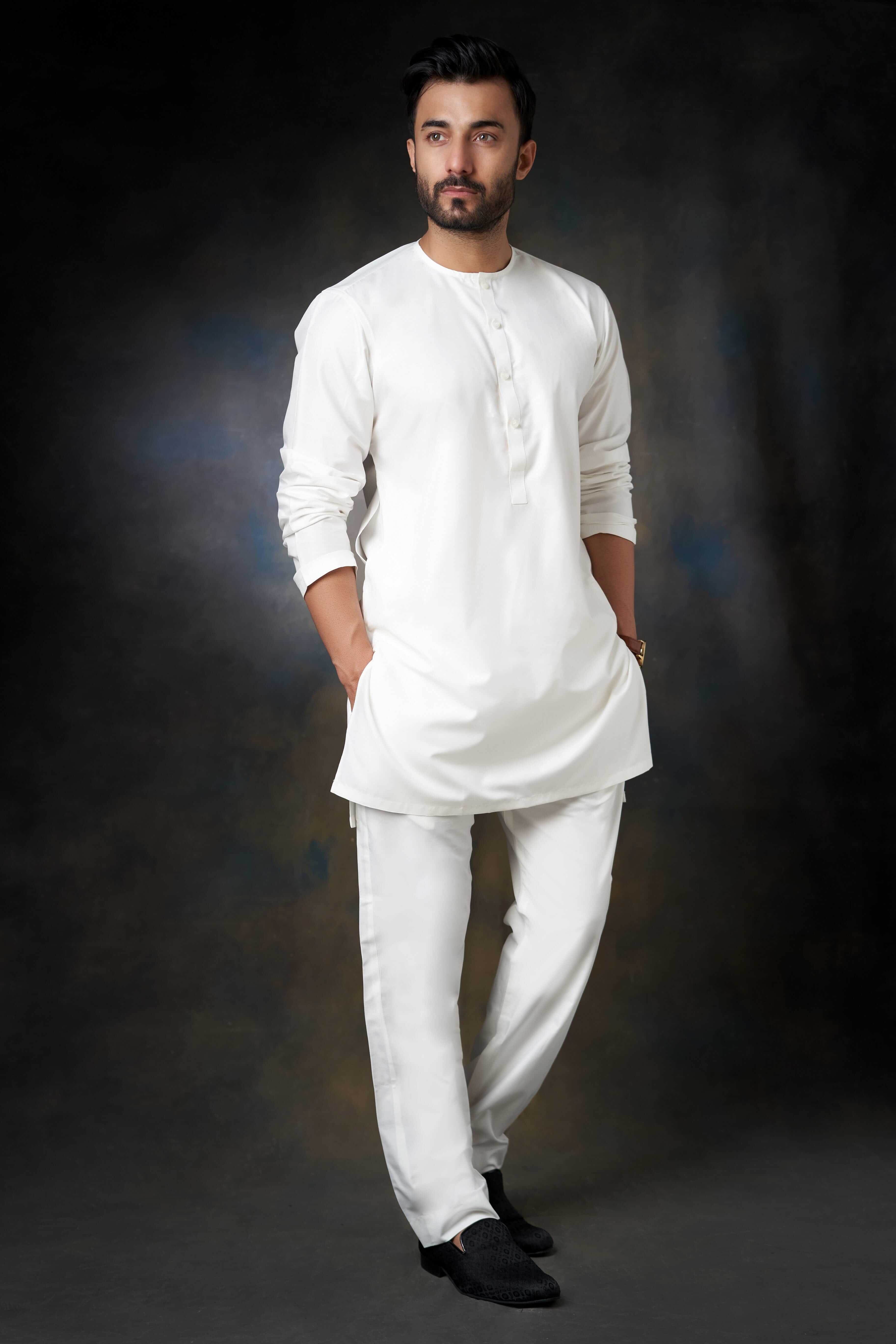 White Cotton-Silk Kurta Pajama Set (2-Piece) - Image 1