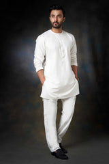 White Cotton-Silk Kurta Pajama Set (2-Piece) - Image 2