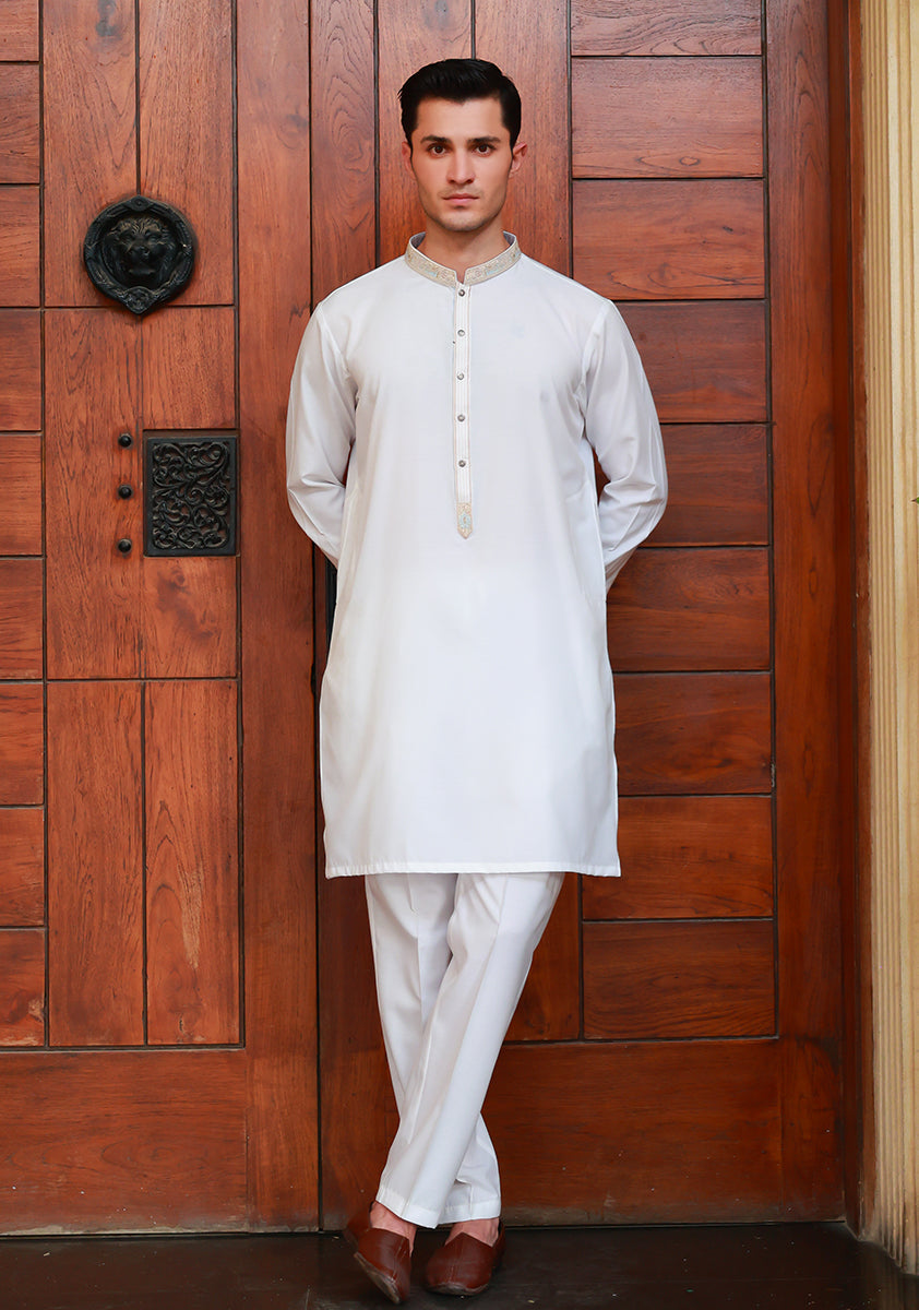 Cloud Dancer Embroidered Cotton Silk Kurta Pajama (2-Piece) - Image 2