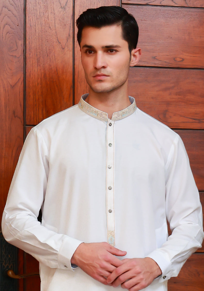 Cloud Dancer Embroidered Cotton Silk Kurta Pajama (2-Piece) - Image 3