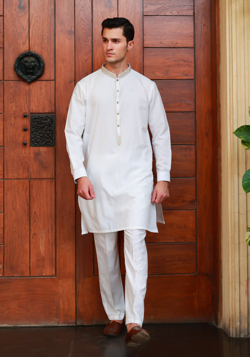 Cloud Dancer Embroidered Cotton Silk Kurta Pajama (2-Piece) - Image 4
