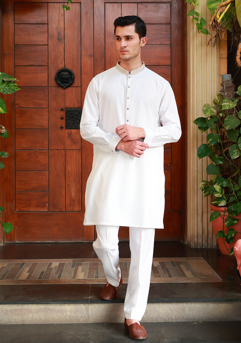 Cloud Dancer Embroidered Cotton Silk Kurta Pajama (2-Piece) - Image 5