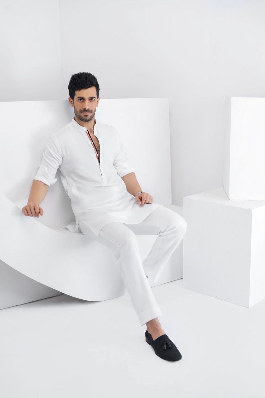 White Minimal Trim Cotton Kurta Pajama (2-Piece) - Image 1