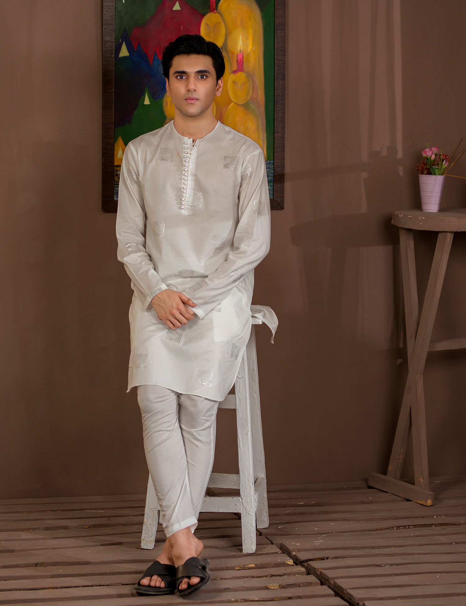 White Block Print Cotton Kurta Trouser Set (2-Piece) - Image 3