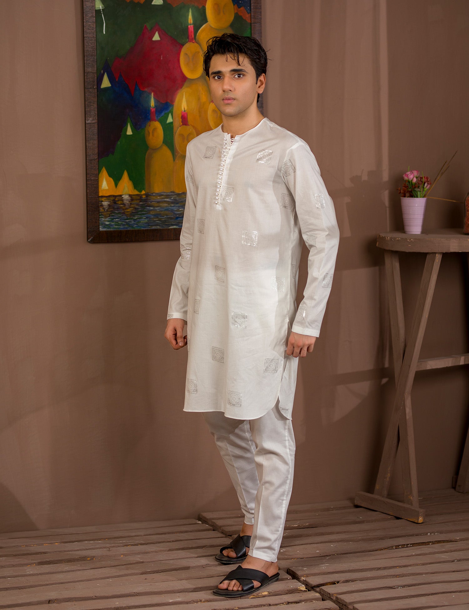 White Block Print Cotton Kurta Pajama (2-Piece) - Image 1
