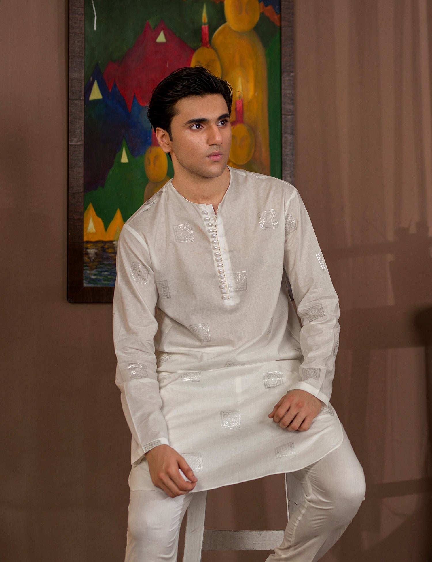 White Block Print Cotton Kurta Pajama (2-Piece) - Image 2