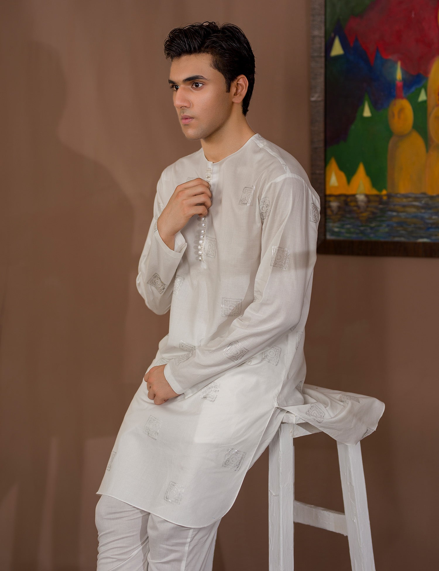 White Block Print Cotton Kurta Pajama (2-Piece) - Image 4