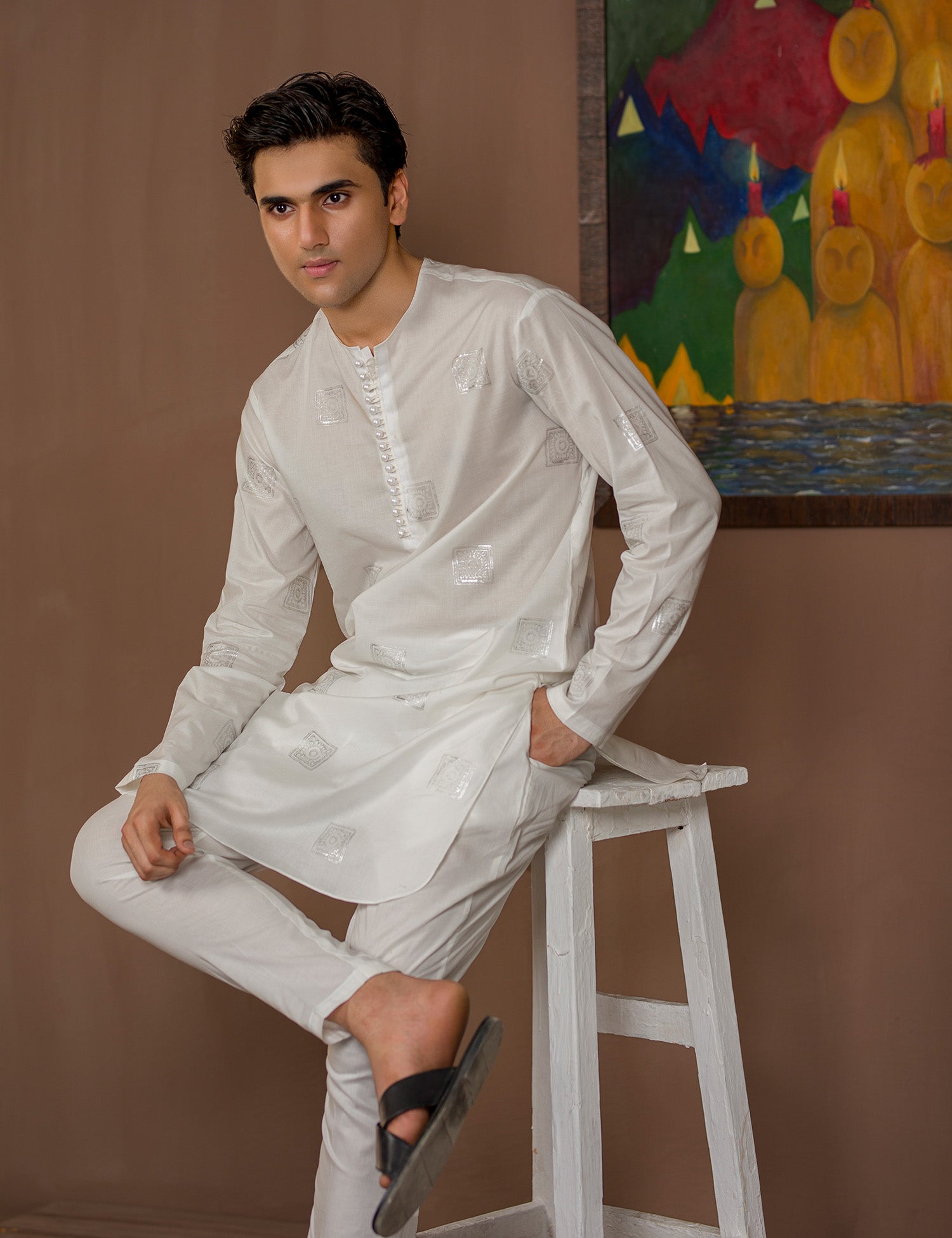 White Block Print Cotton Kurta Pajama (2-Piece) - Image 5