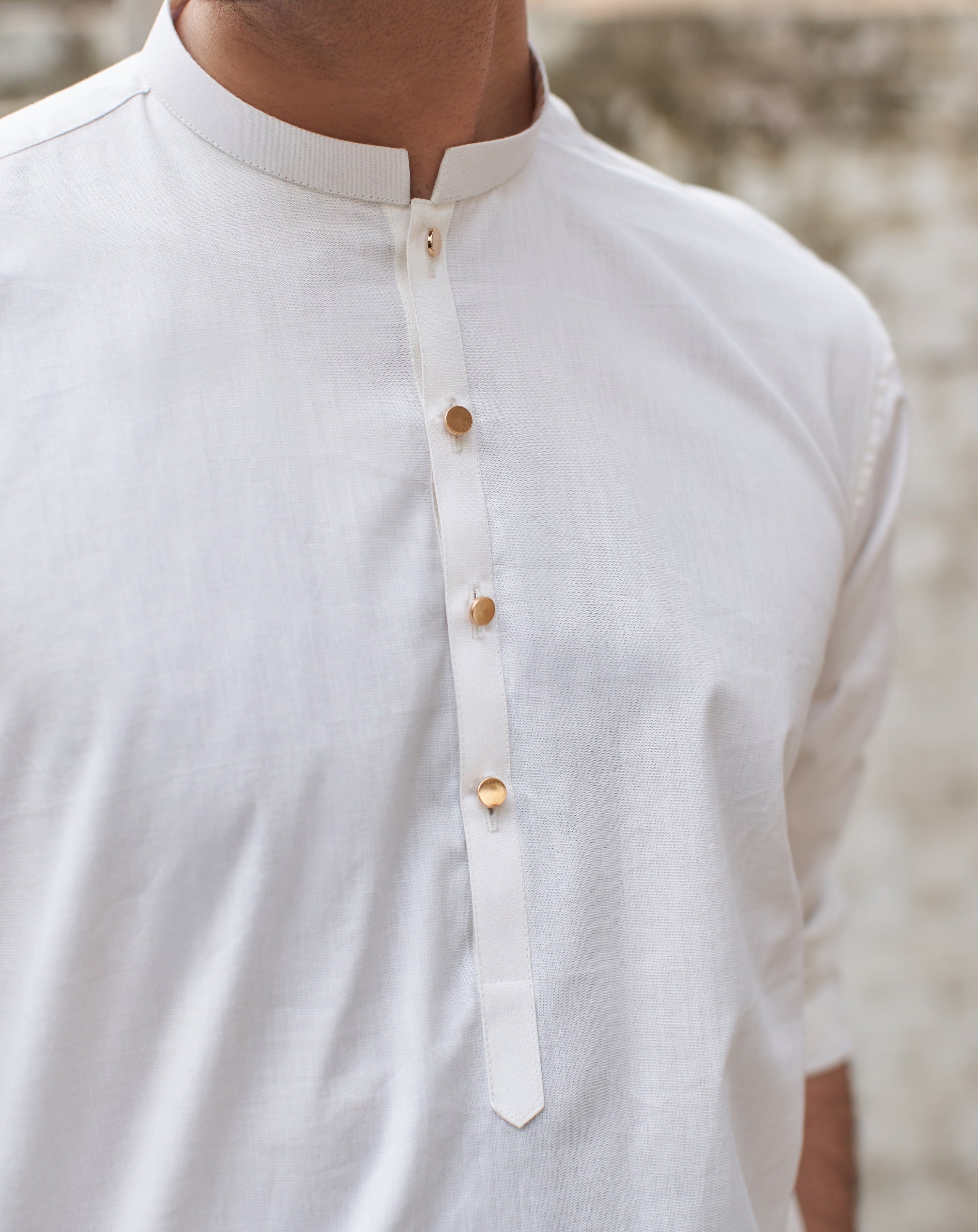 Off White Cotton Kurta Pajama Set (2-Piece) - Image 3