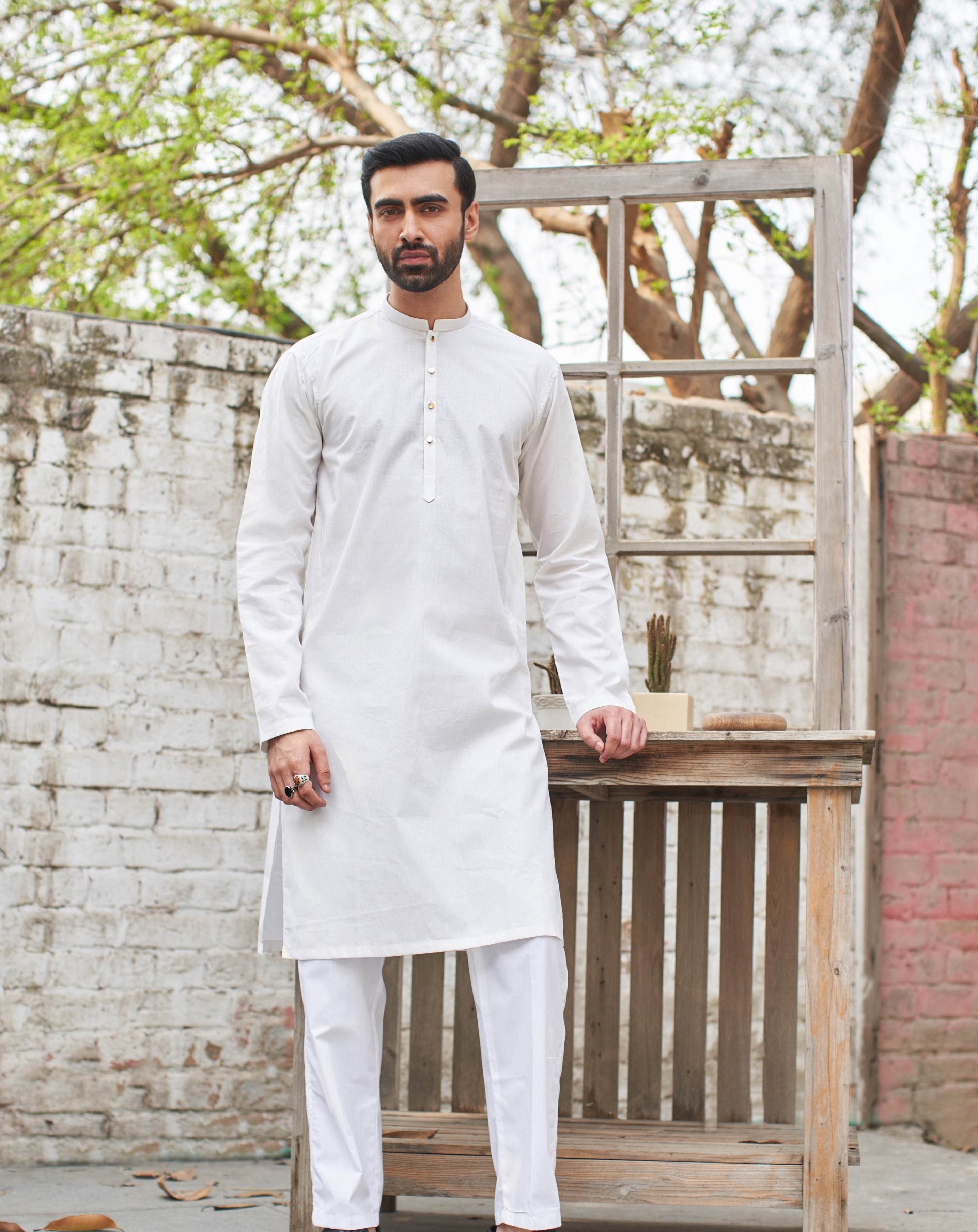 Off White Cotton Kurta Pajama Set (2-Piece) - Image 4