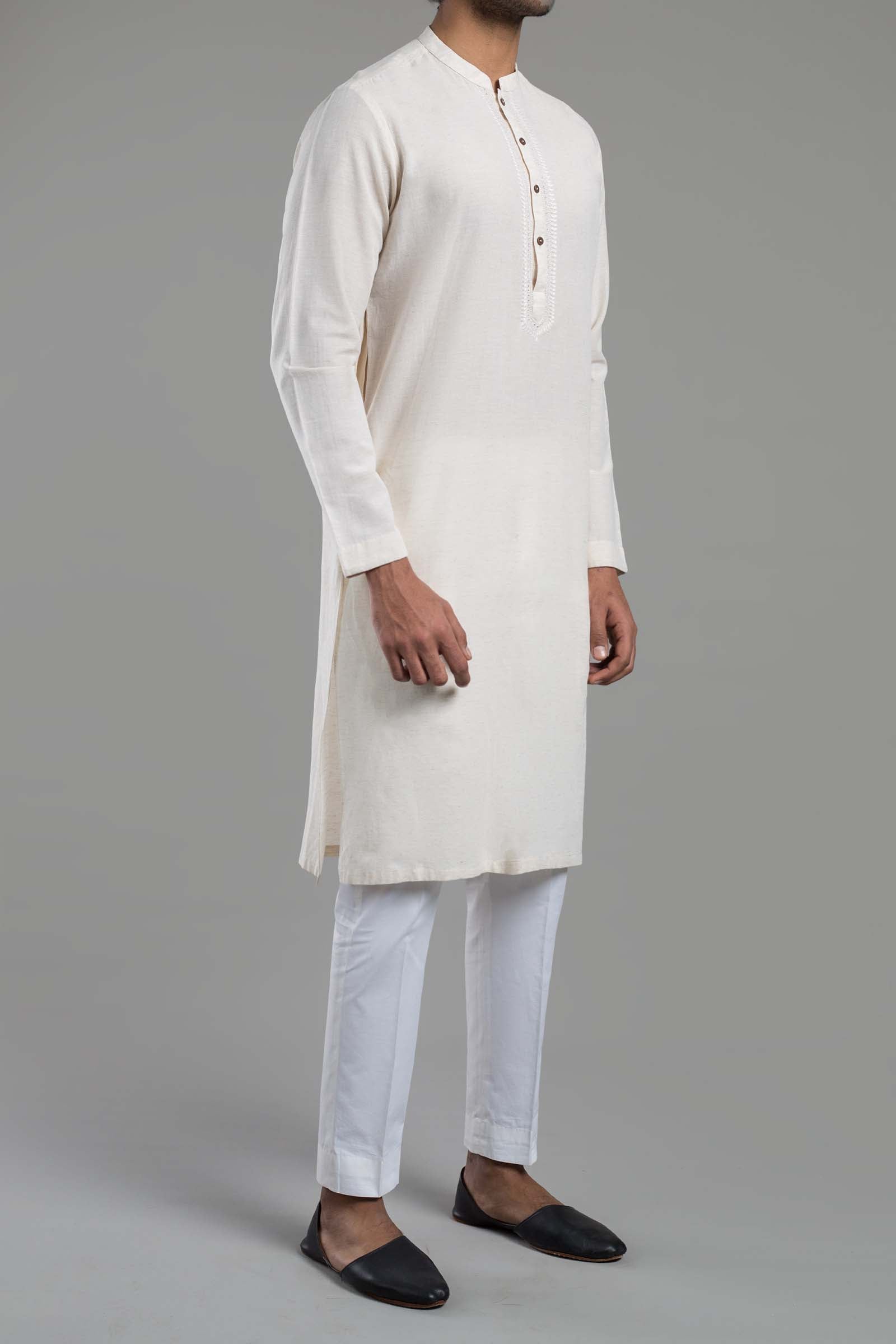 Off-White Tonal-Stitch Cotton Kurta Pajama (2-Piece) - Image 1