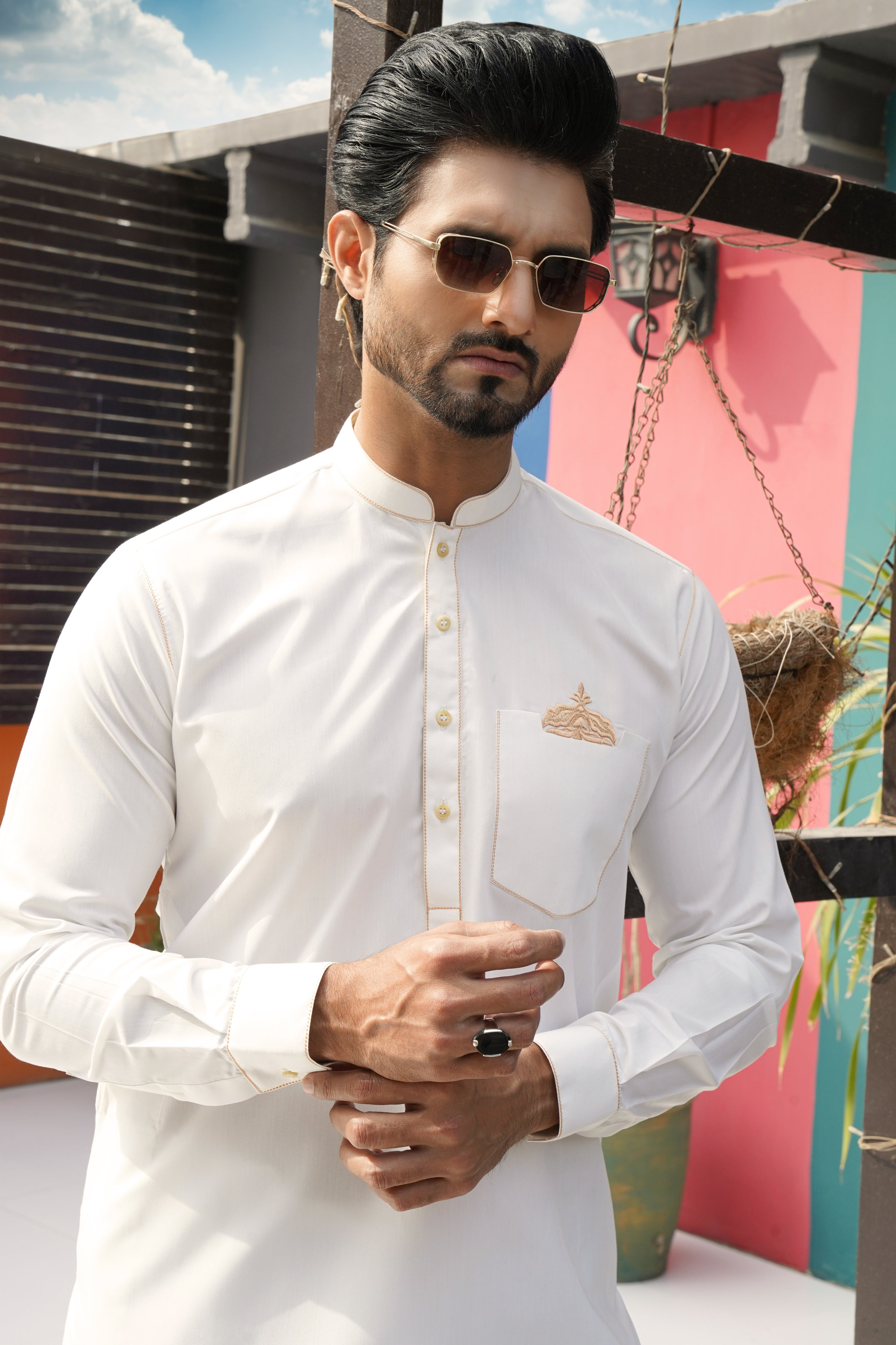White Embroidered Cotton Kurta Pajama (2-Piece) - Image 3