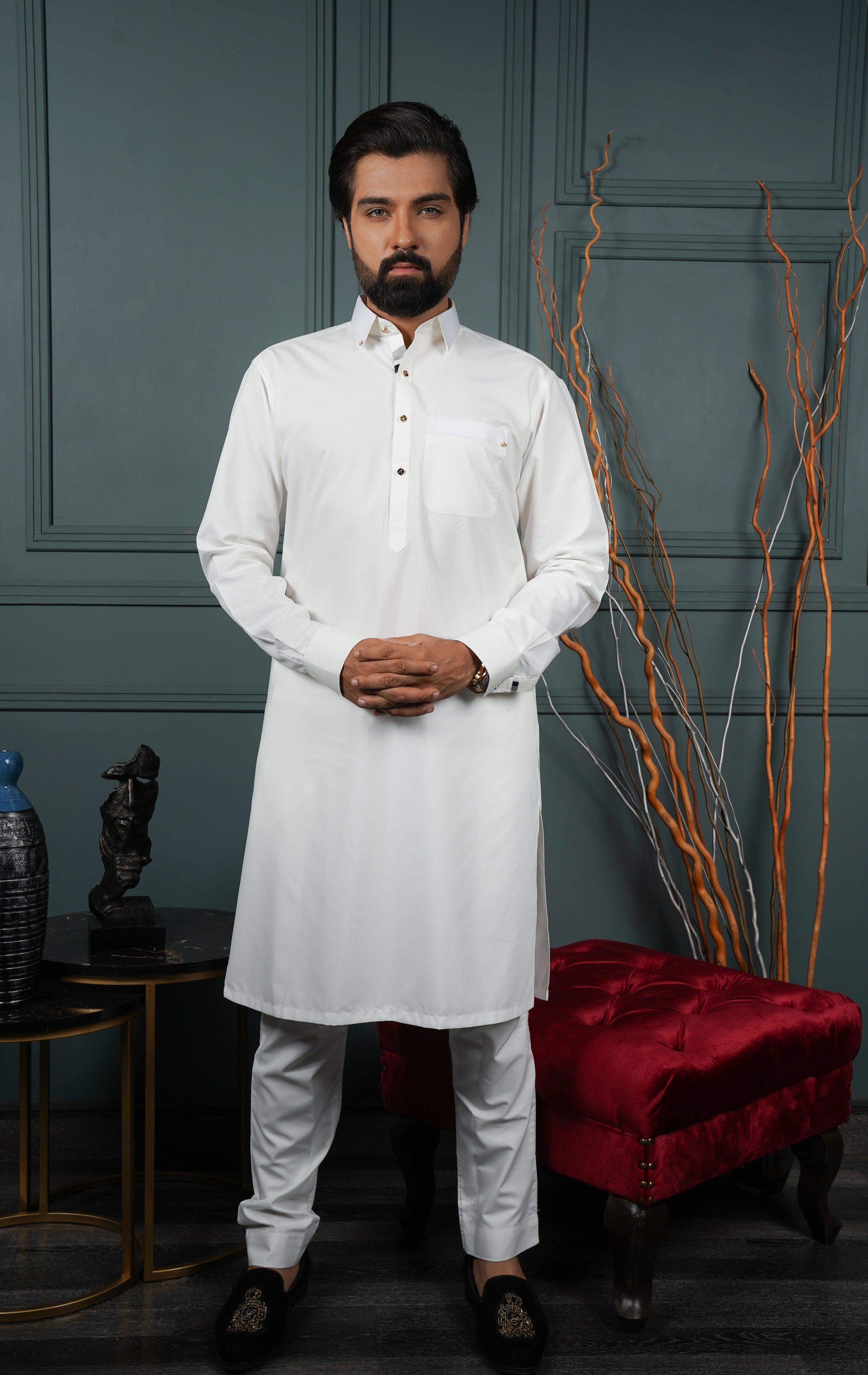 White Cotton Shirt Collar Kurta Pajama (2-Piece) - Image 1