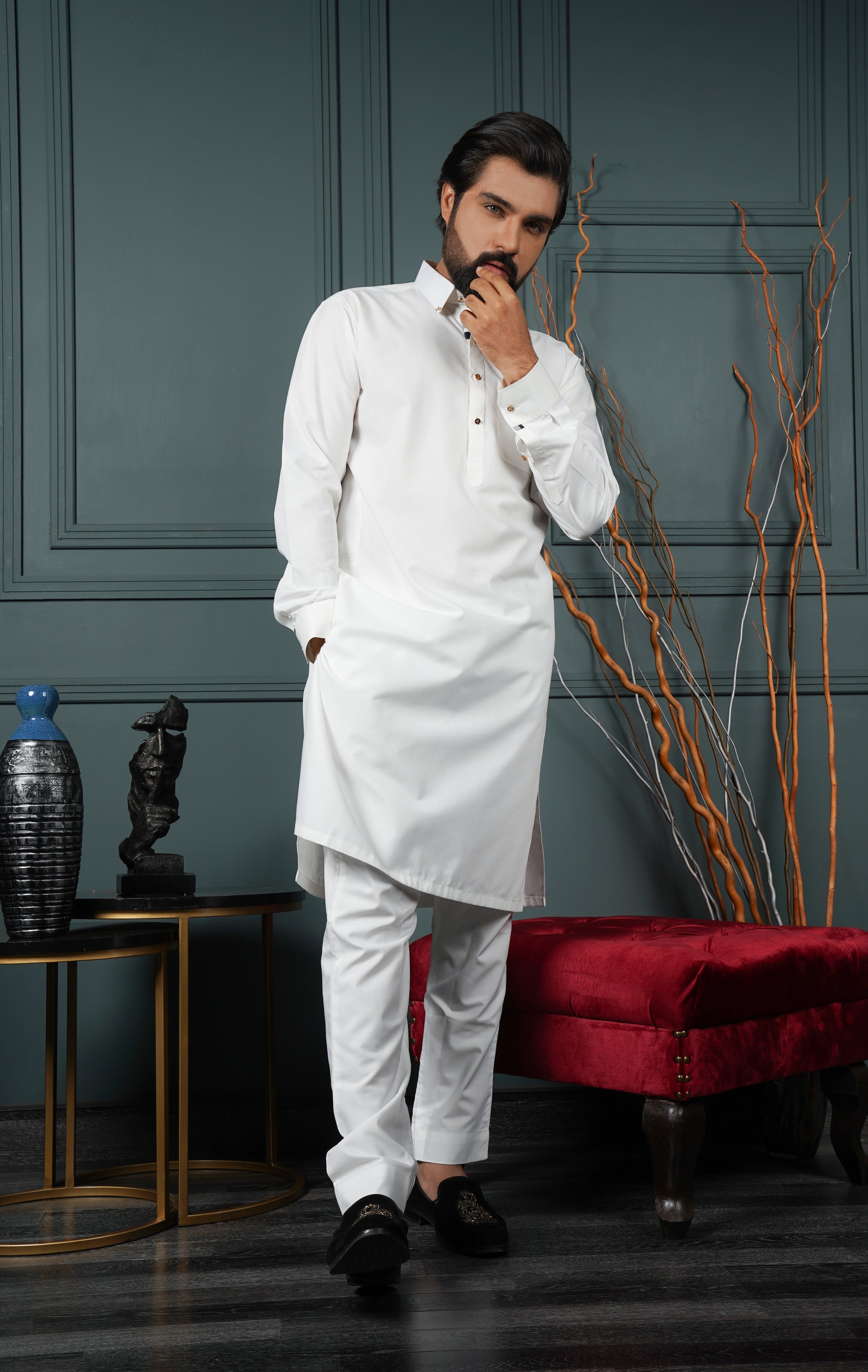 White Cotton Shirt Collar Kurta Pajama (2-Piece) - Image 2