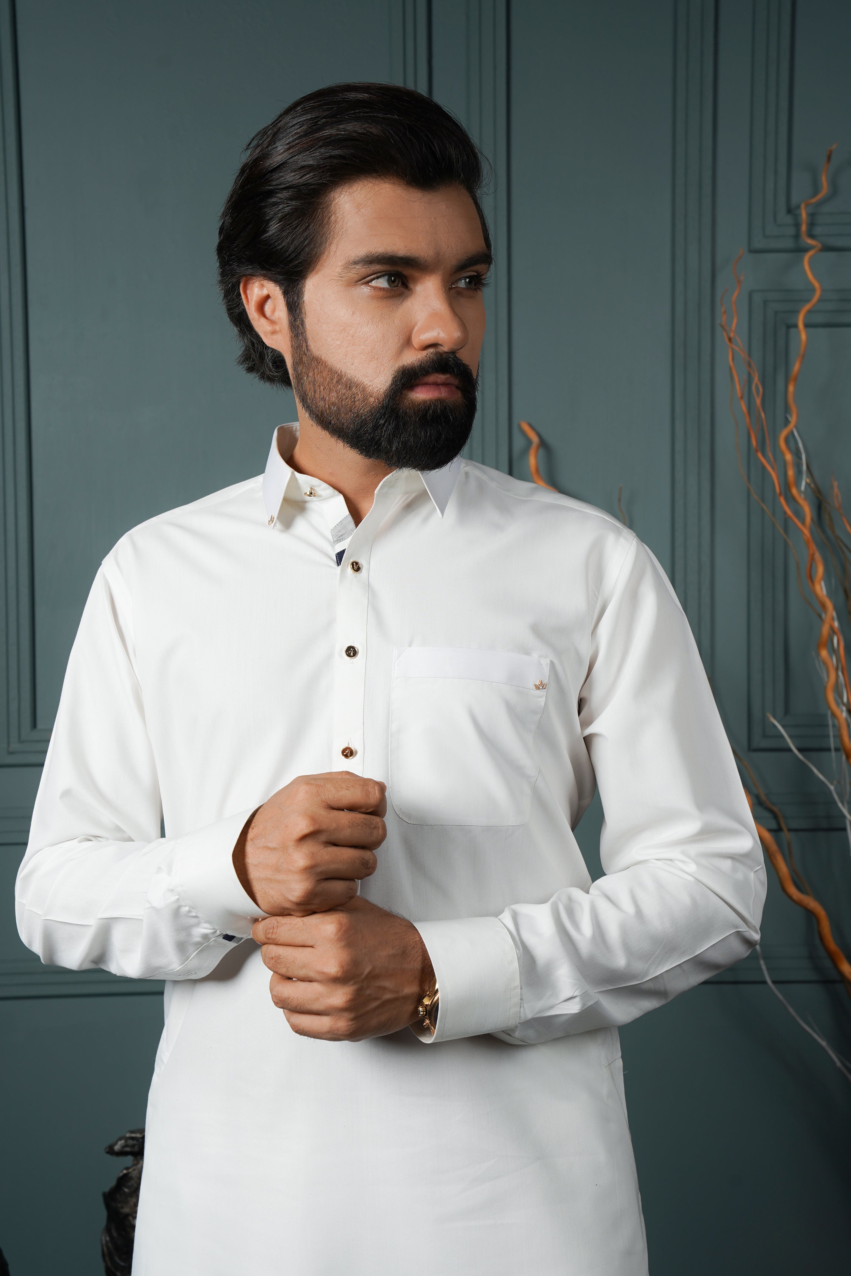 White Cotton Shirt Collar Kurta Pajama (2-Piece) - Image 3