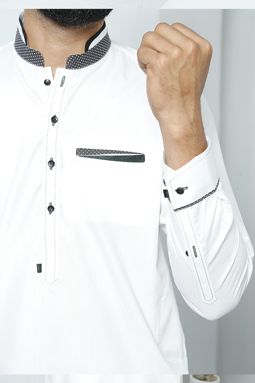 White Polka Dot Trim Cotton Kurta Pajama (2-Piece) - Image 3