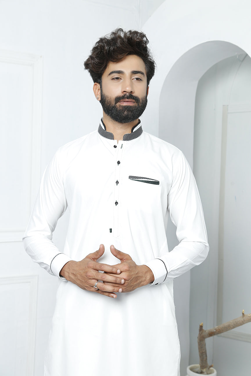 White Polka Dot Trim Cotton Kurta Pajama (2-Piece) - Image 4